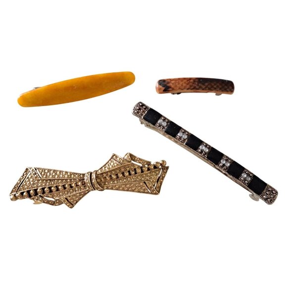 Set Of 4 Vtg Hair Barrettes Gold Black White Rhinestones Amber Tortoise Shell - Picture 1 of 10